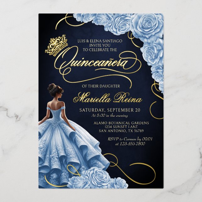 Blue Floral Dress Quinceañera Foil Invitation (Front)