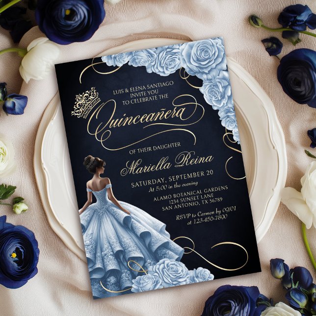 Blue Floral Dress Quinceañera Invitation (Creator Uploaded)
