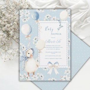 Blue Floral Duck with Balloons Elegant Baby Shower Invitation