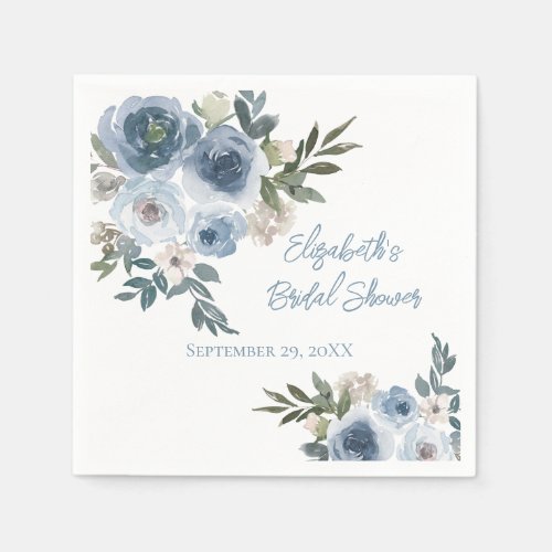 Blue Floral Dusty Blue Watercolor Bridal Shower  Napkins