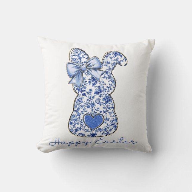 Blue Floral Easter Bunny Coquette Throw Pillow (Front)