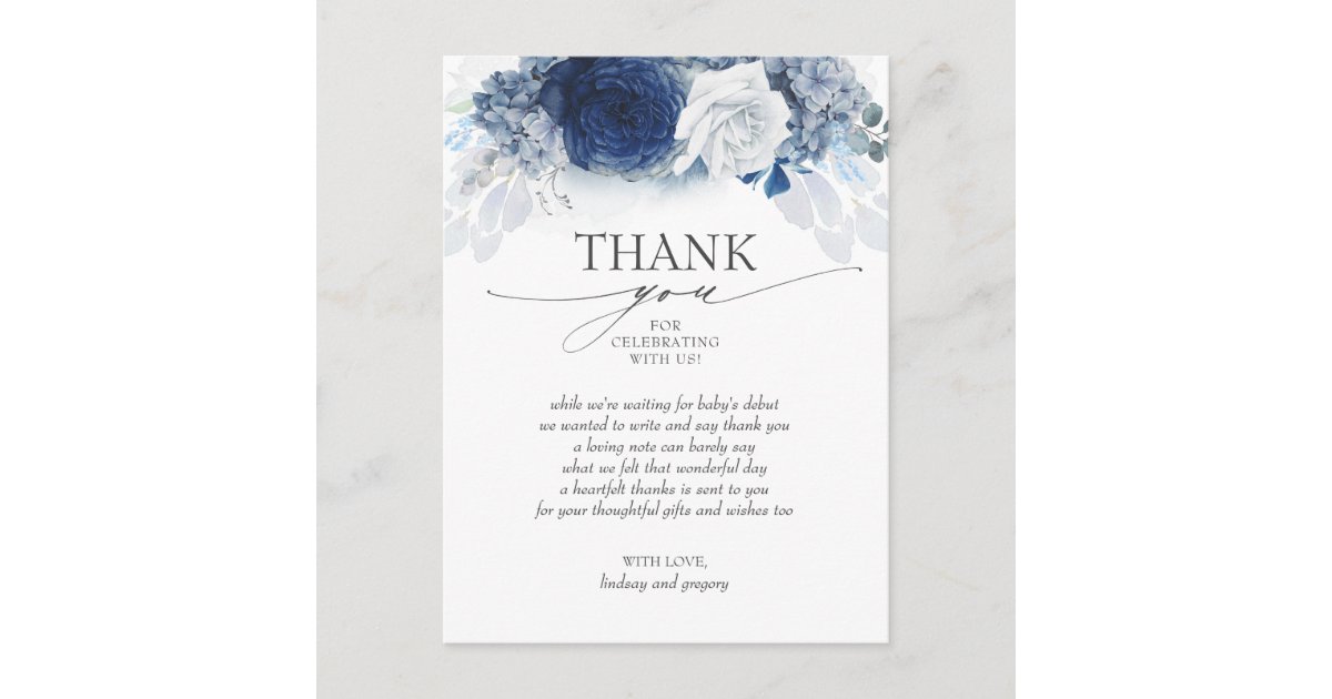 Blue Floral Elegant Baby Shower Thank You Postcard | Zazzle
