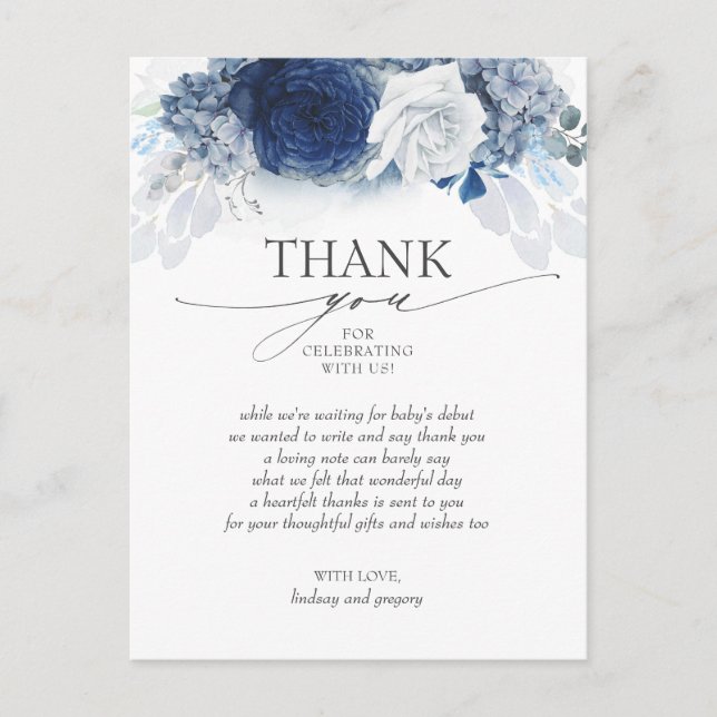 Blue Floral Elegant Baby Shower Thank You Postcard (Front)