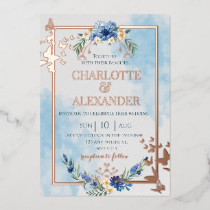 Blue floral elegant butterfly foil wedding invitation