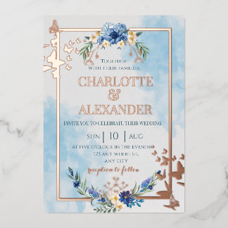 Blue floral elegant butterfly foil wedding invitation