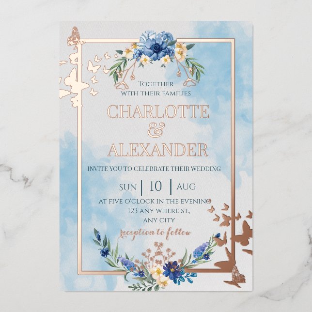 Blue floral elegant butterfly foil wedding invitation (Front)