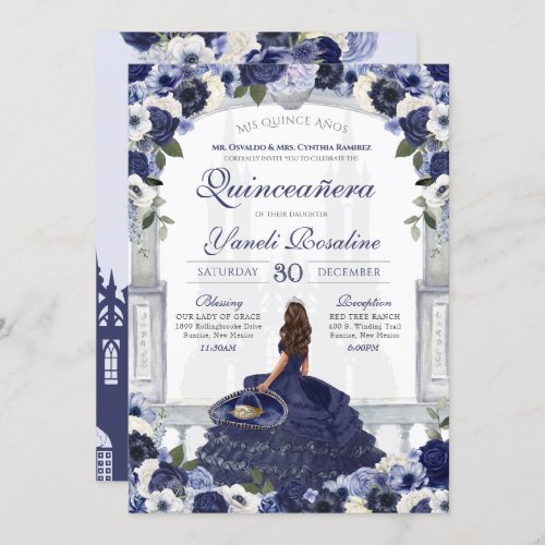 Blue Floral Elegant Charro Princess Quinceanera Invitation