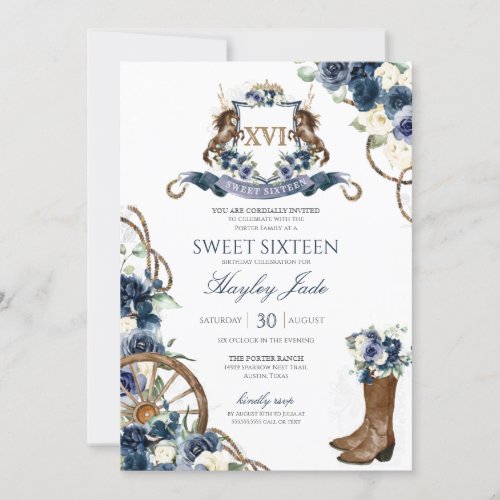 Blue Floral  Elegant Crest Cowgirl Ranch Sweet 16 Invitation