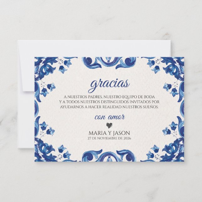 Blue Floral Elegant Fiesta Spanish Wedding Thank You Card (Front)
