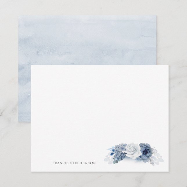 Blue Floral Elegant Full Name or Couple's Names Note Card (Front/Back)