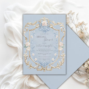 Blue Floral Elegant Gold Frame Bridal Shower Invitation