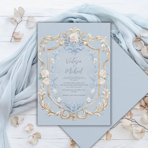 Blue Floral Elegant Gold Frame Wedding Invitation