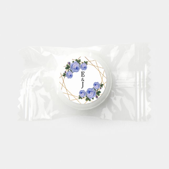 Blue Floral Elegant Gold Glitter Geo Monogrammed Life Saver® Mints (Front)