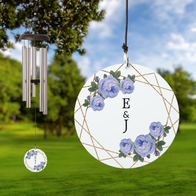 Blue Floral Elegant Gold Glitter Geo Monograms Wind Chime (Outdoor)