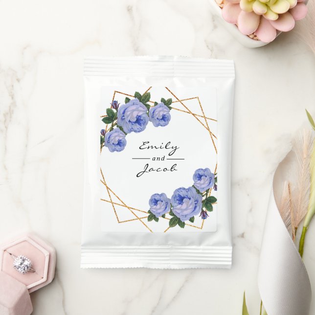 Blue Floral Elegant Gold Glitter Geometric Names Hot Chocolate Drink Mix (Wedding)