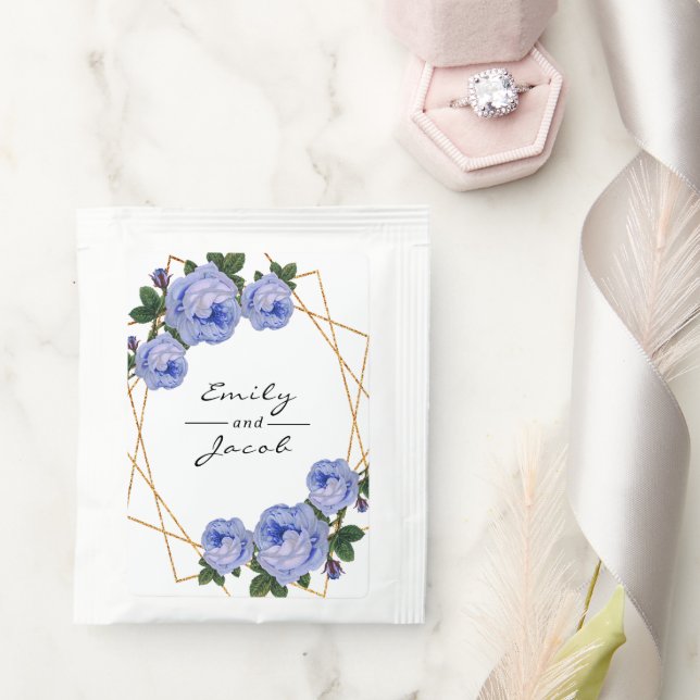 Blue Floral Elegant Gold Glitter Geometric Names Tea Bag Drink Mix (Wedding)