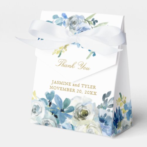 Blue Floral Elegant Gold Script Evening Wedding Favor Boxes