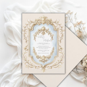 Blue Floral Elegant Gold Vintage Frame Wedding Invitation