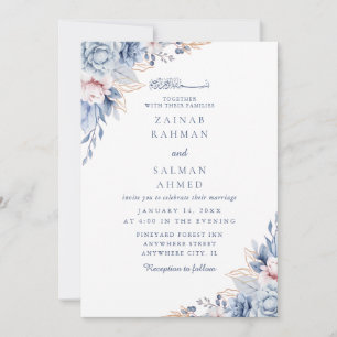 Blue Floral Elegant Nikkah Arabic Islamic Wedding Invitation