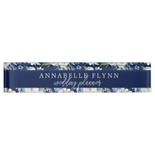 Blue Floral Elegant Personalized Wedding Planner Desk Name Plate