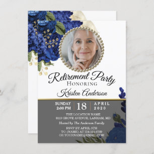 Blue Floral Elegant Photo Retirement Party Invitation