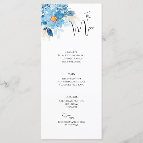 Blue Floral Elegant Wedding Event Menu Flat Card