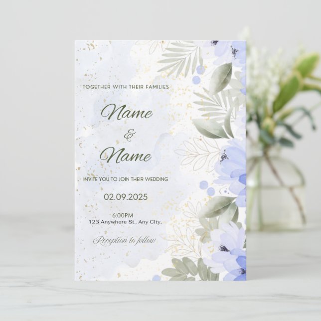 Blue floral elegant wedding invitation  (Standing Front)