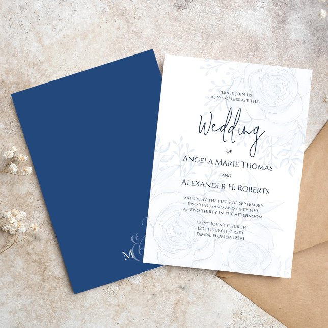 Blue Floral Elegant Wedding Script Custom Invitation (Wedding invitation with elegant floral foliage design)