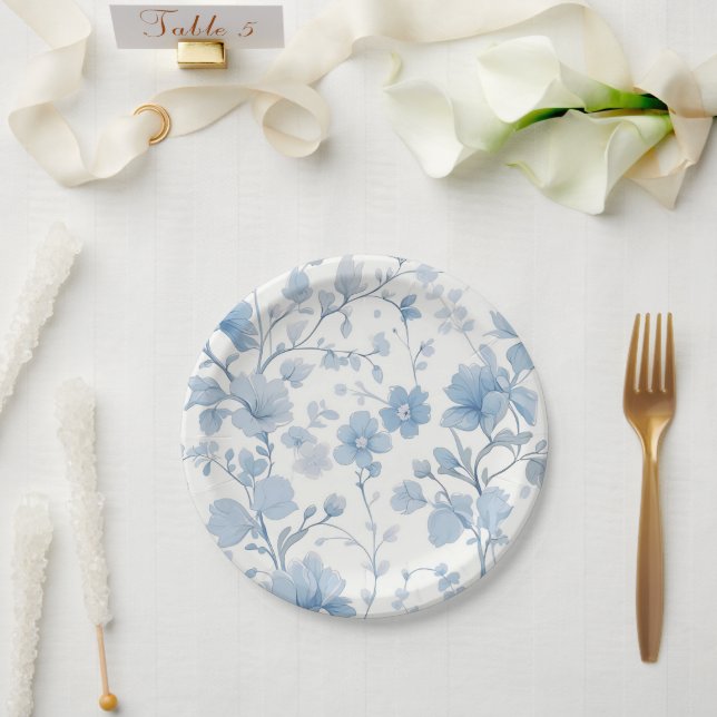 Blue Floral Elegant Whimsical Garden Party Paper Plates (Wedding)