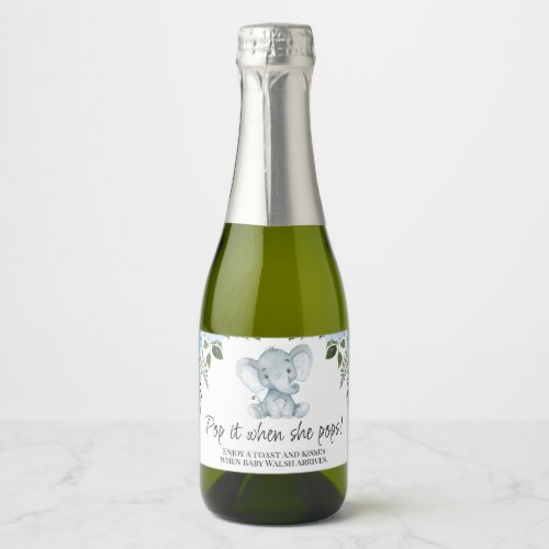 Blue Floral Elepahnt Baby Shower Pop It Sparkling  Sparkling Wine Label