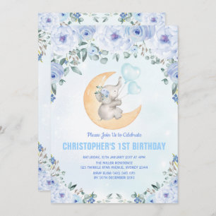 Blue Floral Elephant 1st Birthday Party Invitation