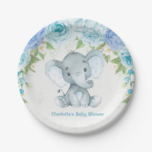 Blue Floral Elephant Baby Boy Shower Party Plate