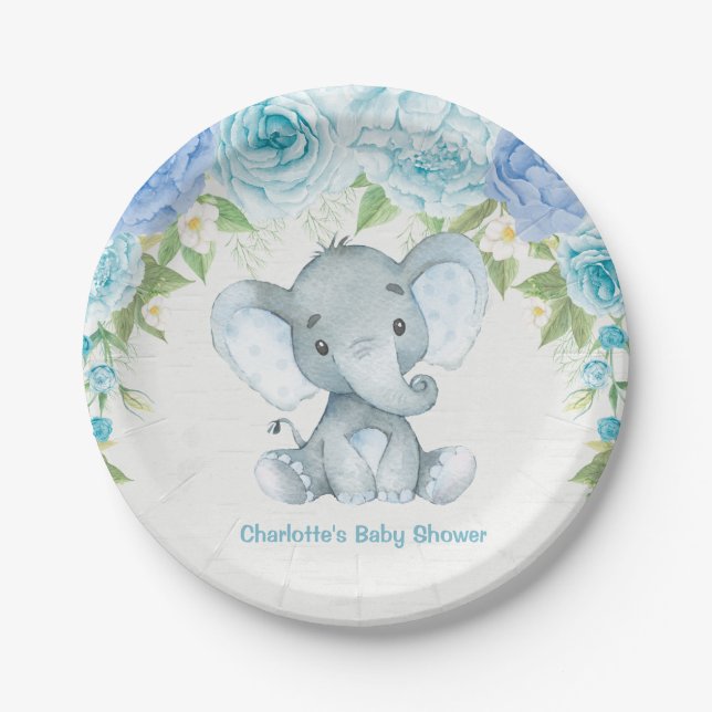 Blue Floral Elephant Baby Boy Shower Party Plate (Front)