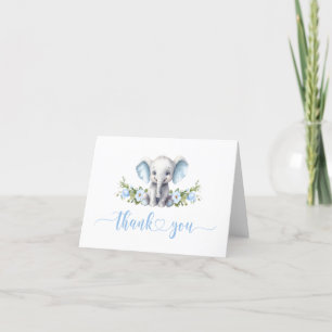 Blue Floral Elephant Baby Boy Shower Thank You Card