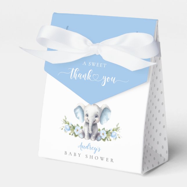 Blue Floral Elephant Baby Boy Shower Thank You Favor Boxes (Front Side)
