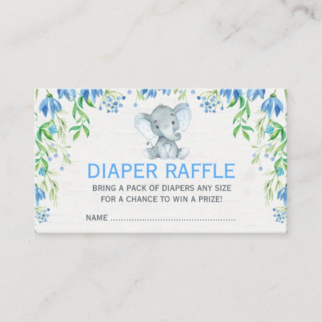 Blue Floral Elephant Baby Diaper Raffle Ticket Enclosure Card (Front)