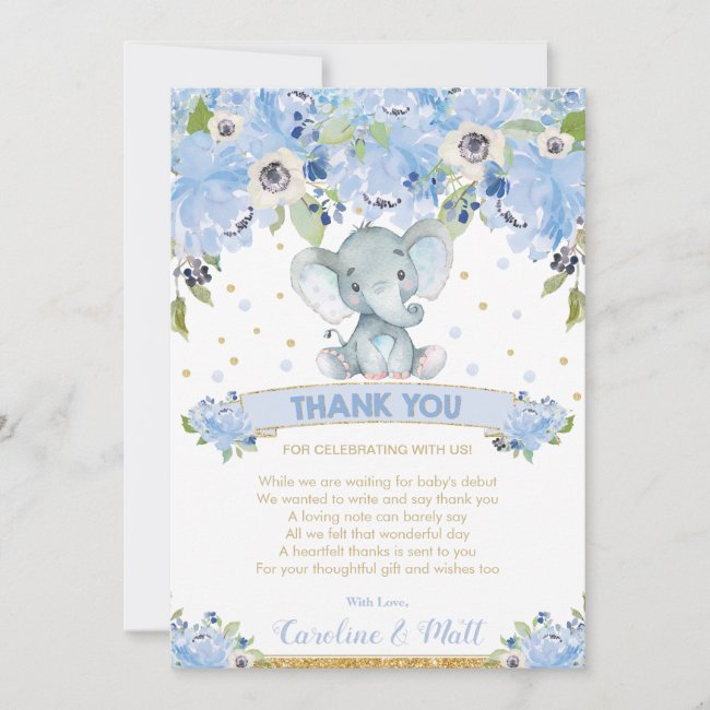 Blue Floral Elephant Baby Shower Boy Thank You Card