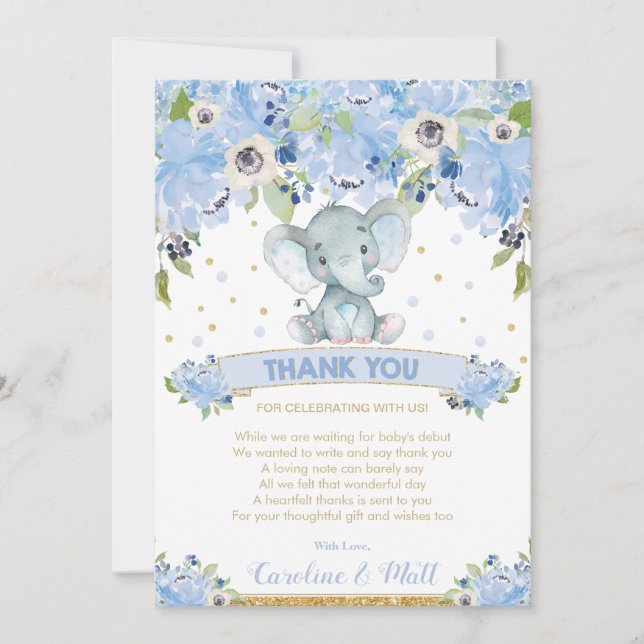 Blue Floral Elephant Baby Shower Boy Thank You Card (Front)