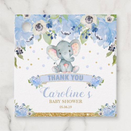 Blue Floral Elephant Baby Shower Boy Thank You Favor Tags