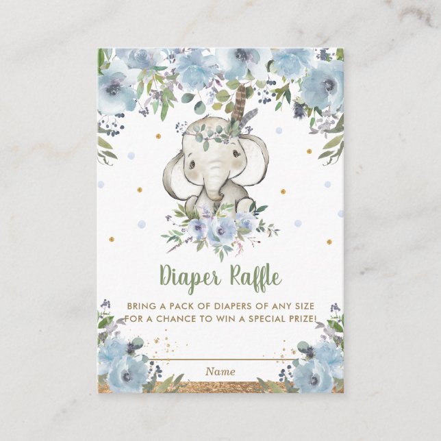 Blue Floral Elephant Baby Shower Diaper Raffle Enclosure Card (Front)