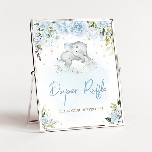 Blue Floral Elephant Baby Shower Diaper Raffle Poster