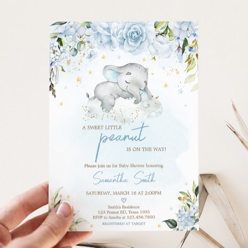 Blue Floral Elephant Baby Shower  Invitation