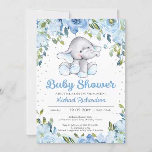 Blue Floral Elephant baby Shower Invitation