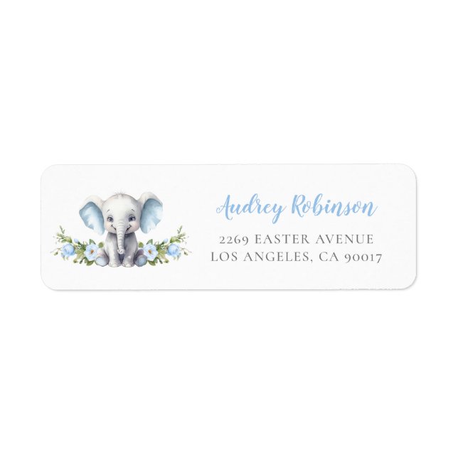 Blue Floral Elephant Baby Shower Return Address Label (Front)