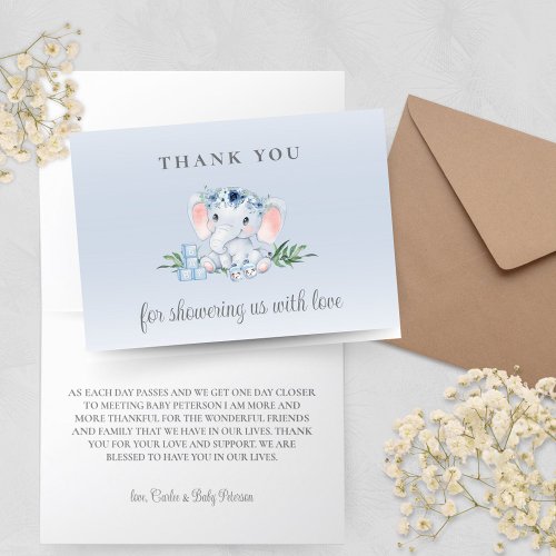 Blue Floral Elephant Baby Shower Thank You Card