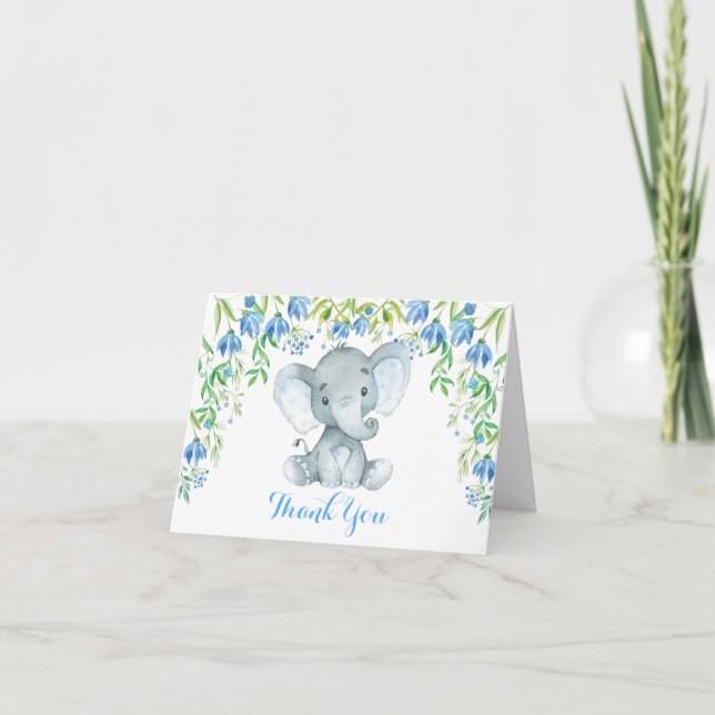 Blue Floral Elephant Baby Shower Thank You Note (Front)