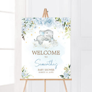 Blue Floral Elephant Baby Shower Welcome Poster