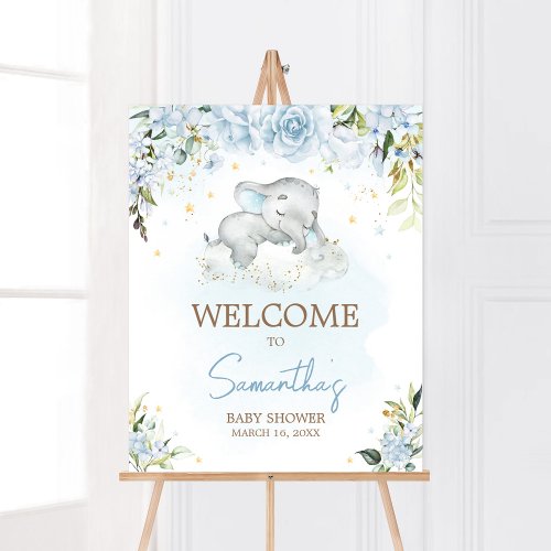 Blue Floral Elephant Baby Shower Welcome Poster