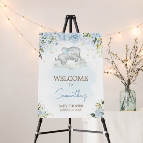 Blue Floral Elephant Baby Shower Welcome Sign