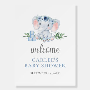 Blue Floral Elephant Baby Shower Welcome Sign